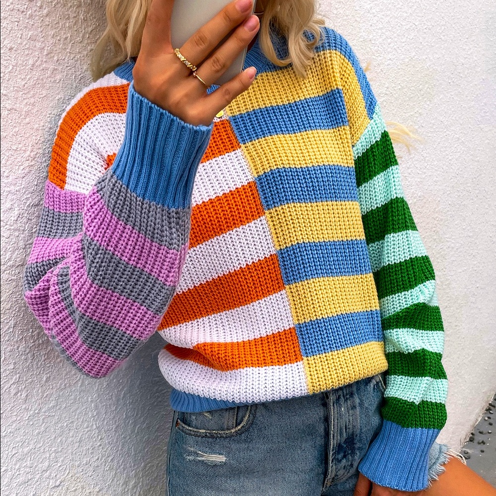 Spliced Mixed Stripes Scoop Neck Sweater